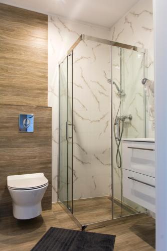 a bathroom with a toilet and a glass shower at Agroturystyka Słoszówka in Duszniki Zdrój