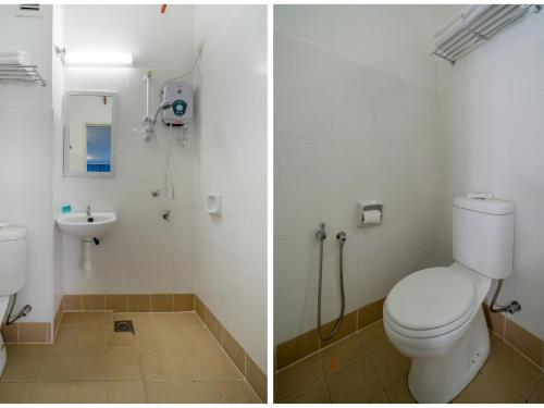 two images of a bathroom with a toilet and a sink at Kuala Melaka Inn in Pantai Cenang
