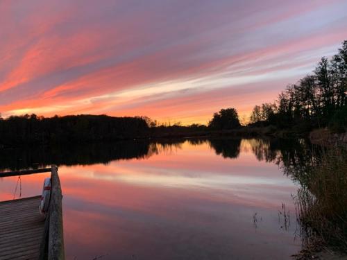 a sunset over a lake with a wooden dock at Zum Rittmeister in Werder