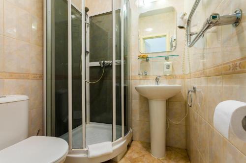 La salle de bains est pourvue d'une douche, de toilettes et d'un lavabo. dans l'établissement Baskov, à Saint-Pétersbourg