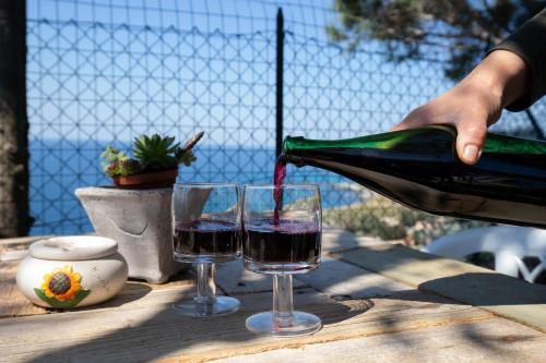 a person pouring wine into two glasses on a table at Villa Aurelia in Ioppolo