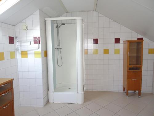a bathroom with a shower with a glass door at Villa de Molenhof in Reutum