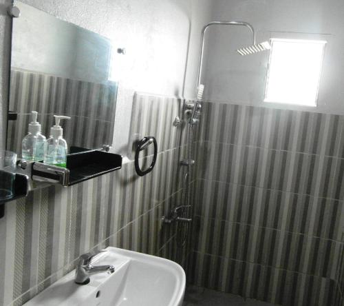 a bathroom with a shower and a sink at Three Palms Fianar in Fianarantsoa