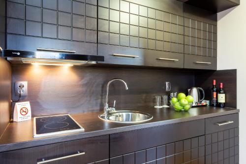 a kitchen with a sink and a counter top at CityHome Aparthotel in Sofia