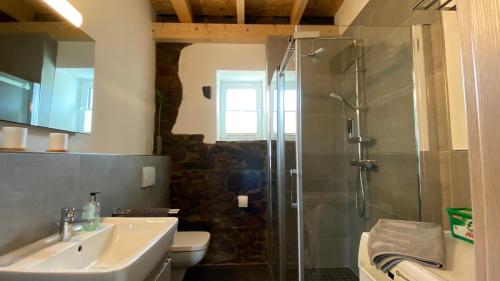 a bathroom with a shower and a sink and a toilet at Rennscheune - Himmlisch in die Grüne Hölle in Kelberg