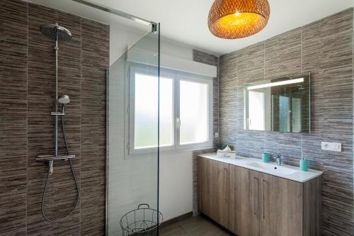 a bathroom with a shower and a sink and a mirror at Gîte le Haut Rivage in Tournavaux