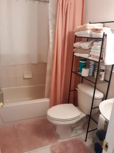 uma casa de banho com um WC branco e um chuveiro em A Touch of Madagascar in Fort Walton Beach with HEATING POOL em Fort Walton Beach