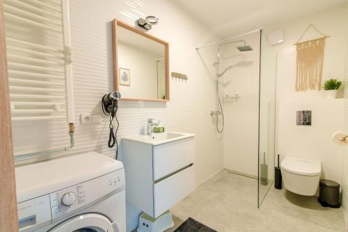ein Badezimmer mit einem Waschbecken und einer Waschmaschine in der Unterkunft Leśna#48 in Olsztyn