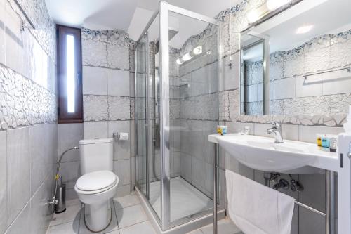 a bathroom with a shower and a toilet and a sink at Thermios Apollon in Thermo