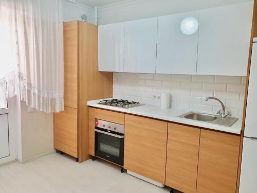 Sofia’s Apartment في كيشيناو: مطبخ مع حوض وموقد الفرن العلوي