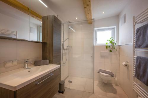 La salle de bains est pourvue d'une douche, d'un lavabo et de toilettes. dans l'établissement Ferienwohnung Thaler, à Itter