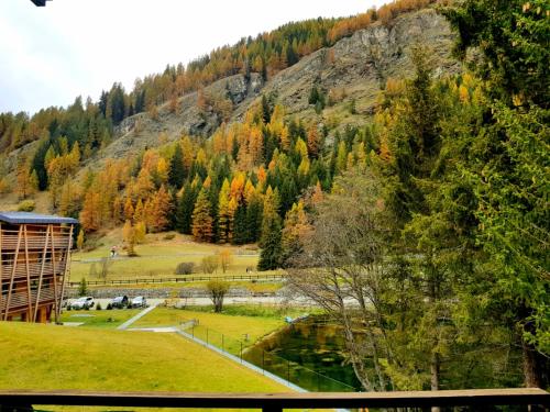 a view of a park with trees and a mountain at Monterosa Apartment - Champoluc #Bluchalet in Champoluc