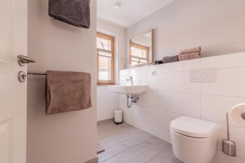 a white bathroom with a toilet and a sink at maindrei - schlafen am fluss in Margetshöchheim