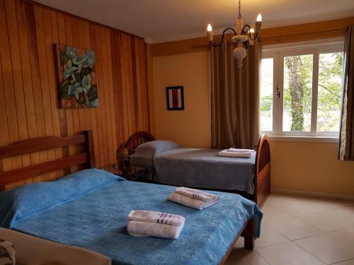 a bedroom with two beds and a window at Flat e suítes com deque, cozinha e churrasqueira in Conservatória