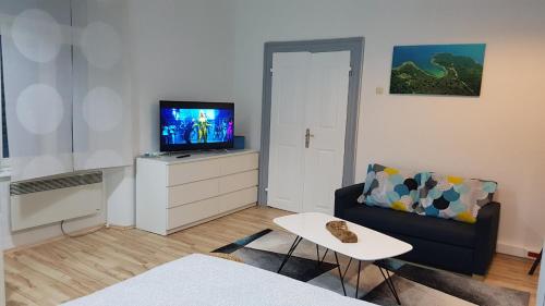 ein Wohnzimmer mit einem Sofa und einem TV in der Unterkunft Holiday home Blue door in Pula in Pula