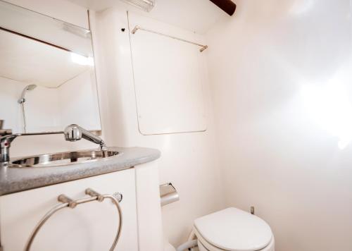 a bathroom with a sink and a toilet at Boat Aiolis in the Athenian Riviera! in Athens