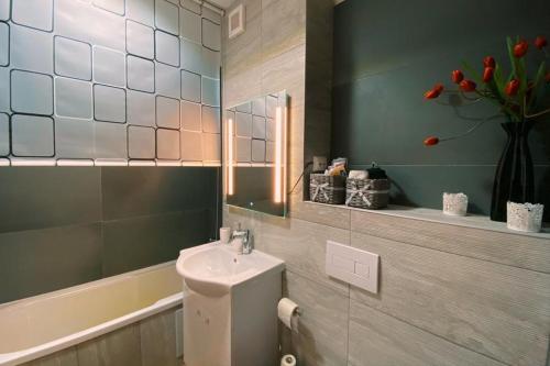 a bathroom with a sink and a mirror at Apartament Smiley in Sighişoara