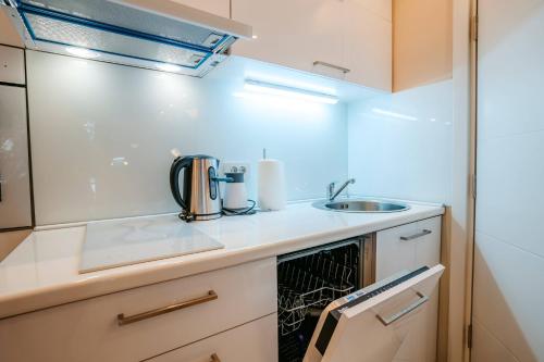 a small kitchen with a sink and a counter at Turist Apartment in Niš