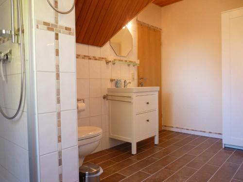 ein Bad mit einem WC, einem Waschbecken und einer Dusche in der Unterkunft Ferienwohnung Loquard, 15168 in Leer