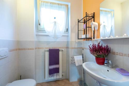 a bathroom with a sink and a toilet and a window at La Collina degli Ulivi in Vercana