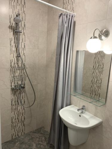 bagno con lavandino e doccia con tenda per la doccia di Apartment Dubrovnik a Varna