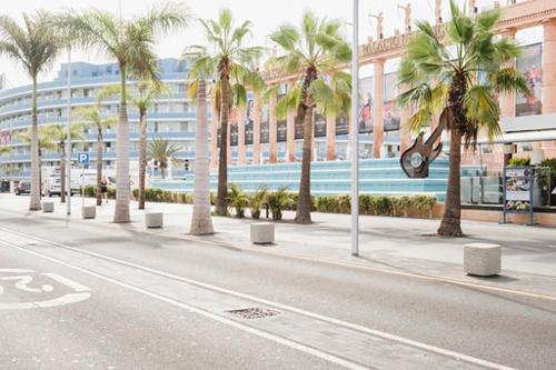 a city street with palm trees and a building at Melo sur in Playa de las Americas