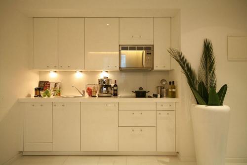 a kitchen with white cabinets and a plant in a vase at VISIONAPARTMENTS Bellariastrasse - contactless check-in in Zürich