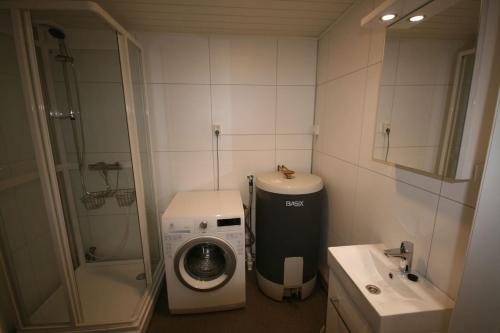 uma pequena casa de banho com uma máquina de lavar roupa e um lavatório em I hjerte av Åndalsnes sentrum em Åndalsnes