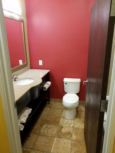 a bathroom with a toilet and a sink and a mirror at La Quinta by Wyndham Atlanta Union City in Union City