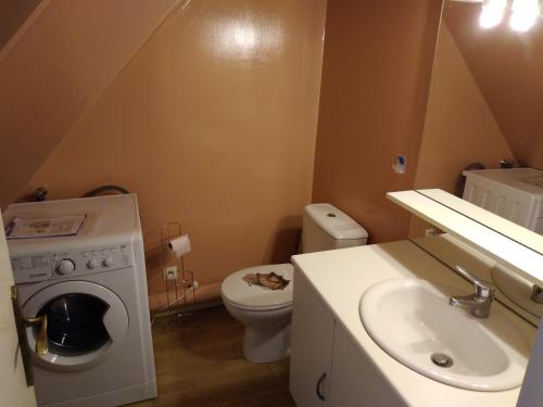 a bathroom with a toilet and a sink and a washing machine at Tonton39 in Saint-Claude