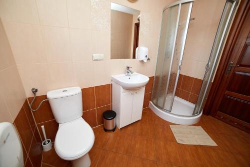 a bathroom with a toilet and a sink and a shower at Ośrodek Ukazia in Orzechowo