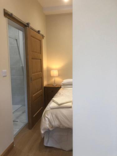 a bedroom with a bed and a glass door at Courtyard Studio in Armagh