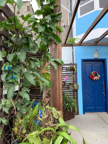 a blue door on a building with a plant at Recanto da Sol in Florianópolis