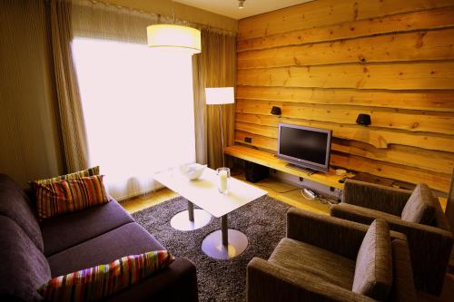 a living room with a couch and a tv at Levi Suites Levin Klubi in Levi