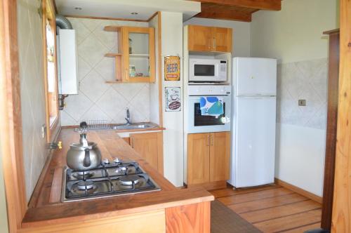a kitchen with a stove and a white refrigerator at Casa de Cuentos in Frutillar