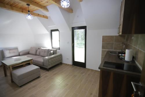 ein Wohnzimmer mit einem Sofa und einem Tisch in der Unterkunft P-ZLATAR, apartman 3 in Brdo