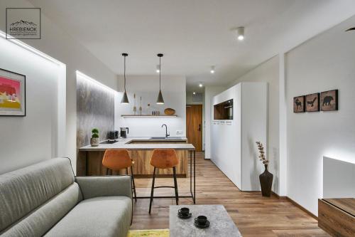 a living room with a couch and a kitchen at HREBIENOK MOUNTAIN APARTMENTS STARÝ SMOKOVEC in Smokovce