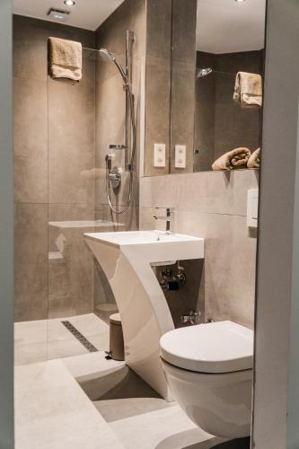 a bathroom with a toilet and a sink and a shower at Brenzapartments Oberkochen in Oberkochen