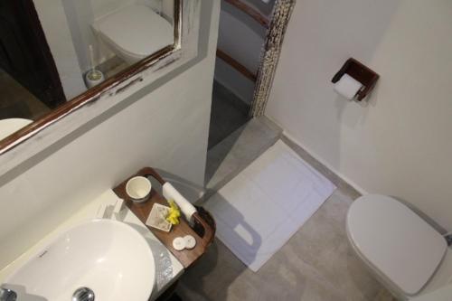 a bathroom with a sink and a toilet and a mirror at Kiwengwa Bungalow Boutique Resort in Kiwengwa