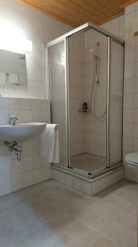 a bathroom with a shower and a sink at ruhig gelegene Allgäuer Ferienwohnung in Scheidegg