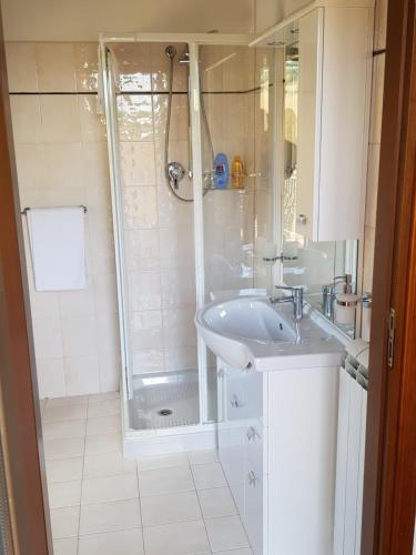 baño blanco con ducha y lavamanos en Agriturismo Il Pappamerlo, en Pila