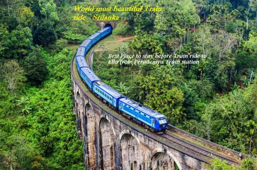 a blue train on a bridge in the jungle at Chathu Holiday Home in Kandy