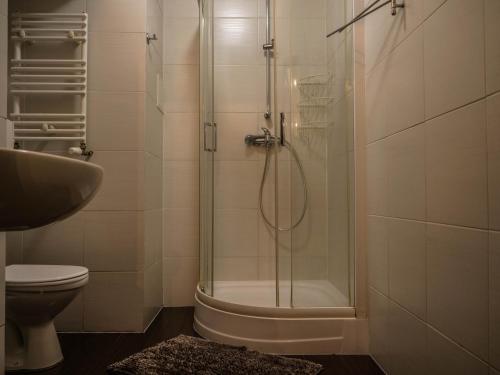a bathroom with a shower and a toilet at Cent Hostel in Lublin