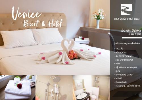 a collage of pictures of a hotel room with a bed at Venice Resort in Ban Sai Mai