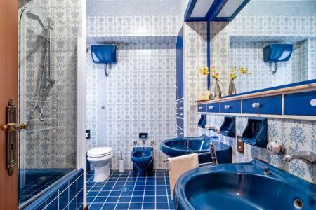 レッチェにあるLa Dimora di Vestaのバスルーム(青いバスタブ2つ、トイレ付)