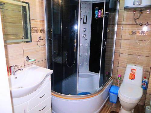 uma casa de banho com um chuveiro, um lavatório e um WC. em Panoramic studio apartments with mountain views em Bishkek