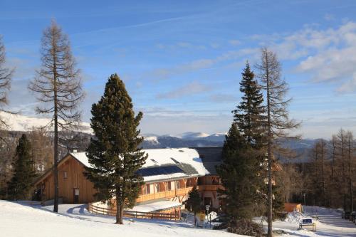 a building in the snow with trees in front of it at JUFA Hotel Hochrindl in Hochrindl