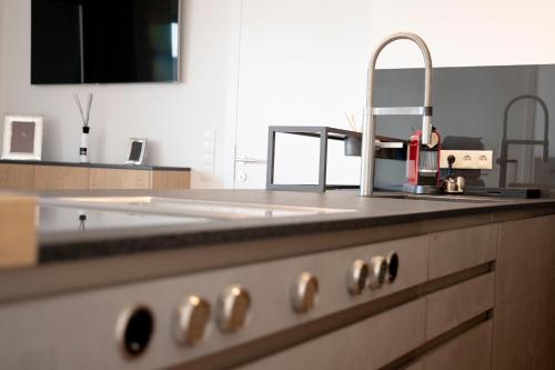 eine Küchentheke mit Spüle und Spüle in der Unterkunft Moderne trifft Tradition im Herzen Wiens in Wien