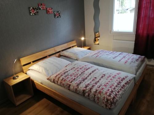 2 Einzelbetten in einem Schlafzimmer mit Fenster in der Unterkunft Ferienwohnungen Haus Sauer in Offenheim