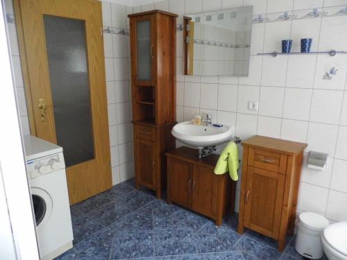 a small bathroom with a sink and a toilet at Ferienwohnung Karlguth in Neustadt in Sachsen